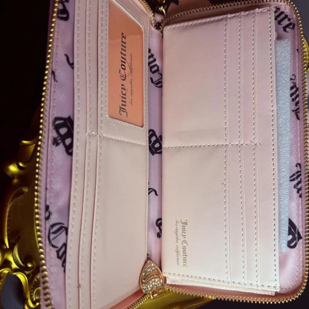 Juicy Couture Velour Zip Around Wallet Wristlet Brown Pink Chain NWT